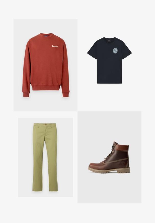 Sweatshirt rouge rustique en coton, avec un col rond, des poignets côtelés et un logo blanc "Barbour" sur la poitrine gauche.; T-shirt bleu marine à manches courtes avec col rond et petit logo circulaire bleu clair sur le côté gauche de la poitrine indiquant "Lyle & Scott".; Pantalon droit vert clair avec fermeture à bouton et glissière, passants pour ceinture et sans poches visibles, présenté de face sur fond blanc.; Bottine en cuir marron à lacets, avec un col rembourré, des coutures contrastées et une semelle robuste, vue de l'extérieur sur un fond blanc.