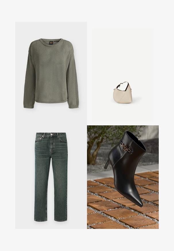 Langärmliger olivgrüner Strickpullover mit rundem Ausschnitt und strukturiertem Mesh-Muster, dargestellt auf einfachem weißem Hintergrund.; Dunkelgrüne Denim-Jeans mit geradem Schnitt, ausgestattet mit einem klassischen Fünf-Taschen-Design, sichtbaren Nähten und einem Knopfverschluss an der Taille.; Schwarze Leder-Ankle-Boots mit spitzem Zehen und kleinem Absatz. Mit einem goldenen Kettenakzent am Knöchel. Umgeben von einer strukturierten Steoberfläche.; Beige Ledertasche in Halbmondform mit einem einzelnen Schulterriemen und minimaler Nahtgestaltung, vor einem schlichten weißen Hintergrund.