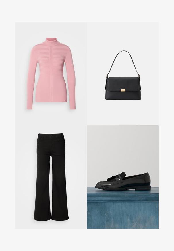 Lyserød turtleneck sweater med ribbet tekstur, der har horisontale stribemønstre på forsiden og tætsiddende lange ærmer.; Sorte brede bukser lavet af denimstof, med frontlommer, knaplukning og en glat tekstur med en ren finish.; Sorte patenterede lædersko med flad hæl, med et frynsedetalje og glat overflade, designet med en rund tå og subtil søm.; Sort håndtaske lavet af tekstureret materiale med en struktureret form. Har en klaplukning, en guldfarvet hardwaredetalje og et enkelt håndtag.
