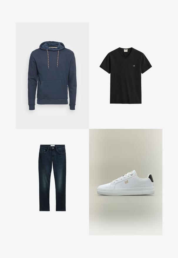 Navy blauwe hoodie van katoen, met een voorzak, gevlochten trekkoorden en geribbelde manchetten en zoom. Eenvoudig ontwerp met logo op de borst.; Zwarte korte mouwen V-hals T-shirt met klein geborduurd logo op de linkerborst en een wit binnenlabel in de nek.; Donkerblauwe spijkerbroek met een slim fit, met vijf zakken, een knoopsluiting en subtiele vervaging aan de voorkant voor textuur.; Witte lage sneaker met witte veters, gouden "GAP" logo aan de zijkant en een zwarte hielstrook met kleine oranje tekst, op een neutrale achtergrond.