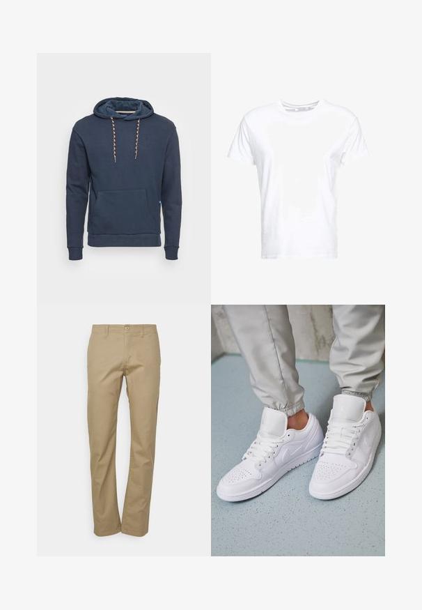 Navy blauwe hoodie van katoen, met een voorzak, gevlochten trekkoorden en geribbelde manchetten en zoom. Eenvoudig ontwerp met logo op de borst.; Witte katoenen t-shirt met een ronde hals en korte mouwen, in een klassiek model met een gladde textuur. Geen patronen of hardware zichtbaar.; Beige chino's met een recht gesneden design, voorzien van een knoopsluiting, riemlussen en een gladde katoenen stoftextuur.; Witte leren sneakers met een geperforeerde neus, platte veters, een gepolsterde kraag en het Jordan-logo op de tong. Gediend met grijze joggers.