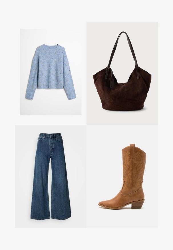 Lyseblå sweater med et tekstureret design, der indeholder flerfarvede pletter over det hele. Rund halsudskæring og lange ærmer.; Bredde bukser i denim i mørkeblå, med høj talje, fem-lomme design og kontrasterende syninger. Klassisk, holdbart stof.; Tan læder cowboystøvle med spids tå, broderede svirvelmønstre på skaftet og en stablet blokhæl. Har en træksløjfe for nem af/på.; Brun ruskind taske med en blød, slouchy form. Har læderhåndtag og et tag-accent. Enkelt tekstur med buede sømme.