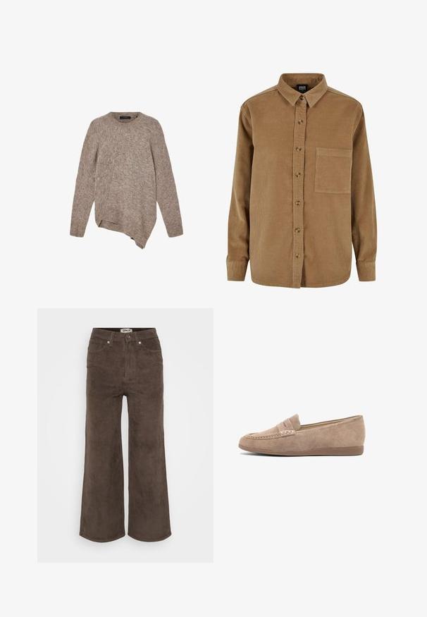Beige Strickpullover mit Rundhalsausschnitt, asymmetrischem Saum, gerippten Bündchen und einem strukturierten Muster. Hergestellt aus einem weichen, warmen Stoff.; Braunes Cordhemd mit durchgehender Knopfleiste, spitzem Kragen, langen Ärmeln und einer Brusttasche. Mit subtiler vertikaler Textur und braunen Knöpfen.; Braune Corduroy-Hosen mit weitem Bein und gerippter Textur, fünf Taschen und vorderem Knopfverschluss. Mit einem Etikett am Bund.; Beiger Wildleder-Slipper mit Pennyriemen-Detail und flacher Gummisohle, von der Seite auf weißem Hintergrund gezeigt.