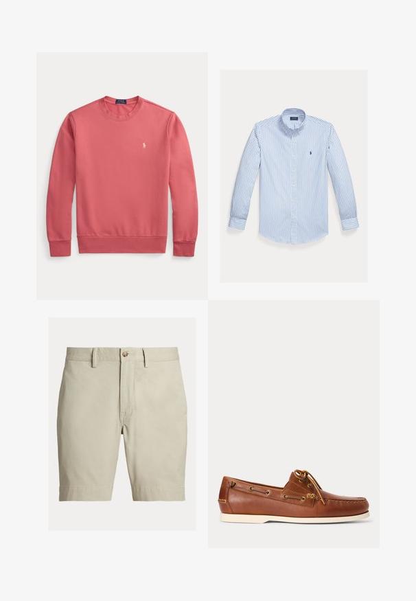 Langærmet crew neck sweatshirt i koralrosa med lille hvid Polo Ralph Lauren-logo på venstre bryst.; Lyseblå langærmet skjorte med vertikale hvide striber, knaplukning, knapper på kraven og et lille logo på venstre brystlomme.; Beige knælange shorts med bæltestropper, knaplukning og lynlås, vist mod en hvid baggrund.; Brun læder bådsko med hvid sål, snørebånd bundet foroven og metal-øjer langs siderne og i forreste syning.