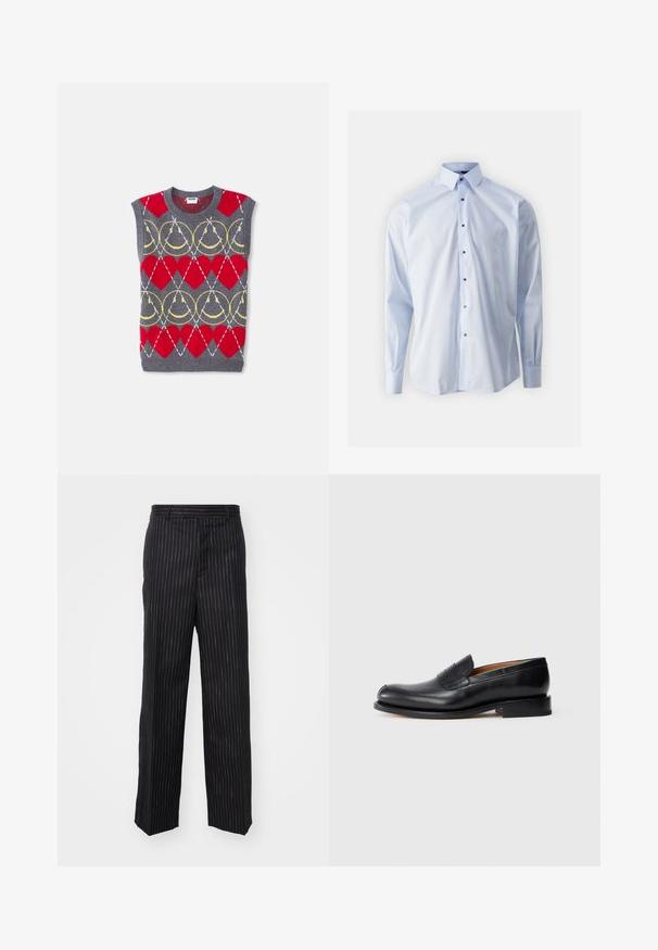 Pull sans manches en tricot gris avec des cœurs rouges, des chaînes jaunes et des lignes blanches en diagonale dans un motif répétitif, étiqueté Moschino.; Chemise boutonnée bleu clair à manches longues et col. Elle présente sept boutons noirs sur le devant, fabriquée à partir d'un tissu lisse avec une texture nette.; Pantalons à rayures noires avec une coupe ajustée, présentant une texture lisse, un design à jambe droite et des détails tonals subtils sur l'ensemble.; Mocassin en cuir noir avec une finition lisse, bout arrondi et un petit rabat à l'avant. Caractérisé par un petit talon noir uni et des accents de design minimaux.