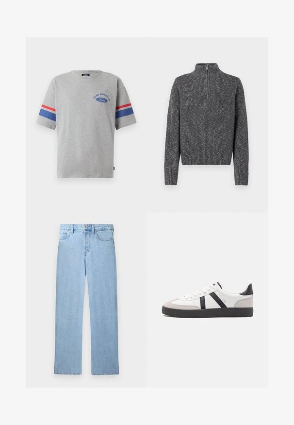 Mørkegrå ribstrikket sweater med lange ærmer og en kort frontlynlås på en høj krave.; Grå bomulds t-shirt med korte ærmer, prydet med blå og røde striber på ærmerne og "Ford Motor Co" logo i blå på brystet.; Lyseblå høj talje lige ben denim jeans med forreste knap, lynlås lukning og fem-lomme design på hvid baggrund.; Hvide sneakers med sorte og grå detaljer, med en tekstureret grå tåhætte, sort gummisål og flade hvide snørebånd. Rent design, minimalistisk stil.