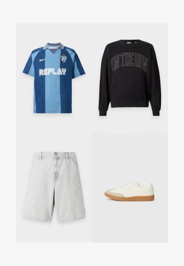 Schwarzer Rundhalsausschnitt-Sweatshirt mit dem Text "ON THE RUN" in großen, umrandeten Großbuchstaben, der auf der Vorderseite zentriert ist.; Jeans-inspiriertes Jersey mit kurzen Ärmeln, das ein dunkelblaues und hellblaues gestreiftes Design, einen V-Ausschnitt und das auffällig platzierte "REPLAY"-Logo aufweist.; Helle graue Baumwoll-Shorts mit klassischem Schnitt, ausgestattet mit einem Reißverschluss, Gürtelschlaufen und seitlichen Taschen. Glatte Textur mit schlichtem Design.; Sneaker aus weißem Leder mit einer beigen Zehenkappe und leichter brauner Gummisohle. Verfügt über flache weiße Schnürsenkel und geprägtes Branding an der Seite.