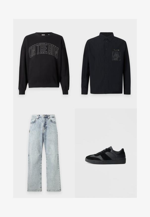 Čierny crewneck sveter s textom "ON THE RUN" v veľkých, obrysových veľkých písmenách, umiestneným v strede na prednej strane.; Čierna košeľa na gombíky s dlhými rukávmi, vybavená predným vreckom a grafickou potlačou. Obsahuje dekoratívnu poistku blízko vrecka.; Svetlo modré džínsy s voľným strihom, vyblednutou textúrou, piatimi vreckami a zapínaním na gombík v páse. Ploché švy a široké nohavice.; Čierne tenisky s kombináciou hladkej kože a semišu, s textúrovanou čiernou gumovou podrážkou a jemným prúžkovaným detailom.