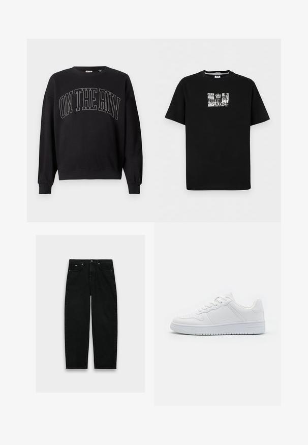 Čierny crewneck sveter s textom "ON THE RUN" v veľkých, obrysových veľkých písmenách, umiestneným v strede na prednej strane.; Čierne tričko s krátkym rukávom s malou prednou grafikou čierno-bielych kolážových obrázkov a emblémom koruny uprostred.; Čierne džínsy s vysokým pásom a priamymi nohavicami, s piatimi vreckami, zapínaním na gombík a pútkami na opasok na bielom pozadí.; Biele tenisky vyrobené z hladkého syntetického materiálu, s plochými šnúrkami, perforovanou špičkou a gumovou podrážkou s textúrovaným protišmykovým vzorom.