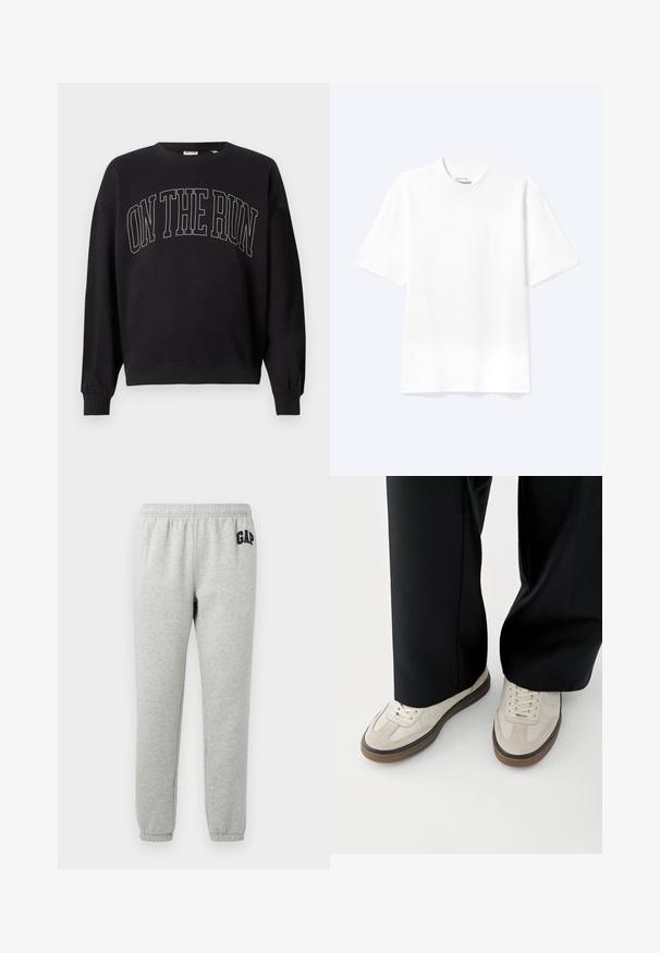 Sort crewneck sweatshirt med teksten "ON THE RUN" i store, omridsede versaler centreret foran.; Enkel hvid T-shirt med korte ærmer og rund hals med afslappet pasform, vist på en lys baggrund.; Grå sweatpants med elastisk talje, manchetter ved anklerne og et marineblåt "GAP" logo på venstre øvre lår. Blødt stof i bomuldsblanding.; Fødder iført beige sneakers med brune såler og sorte bukser med vide ben på hvid baggrund.