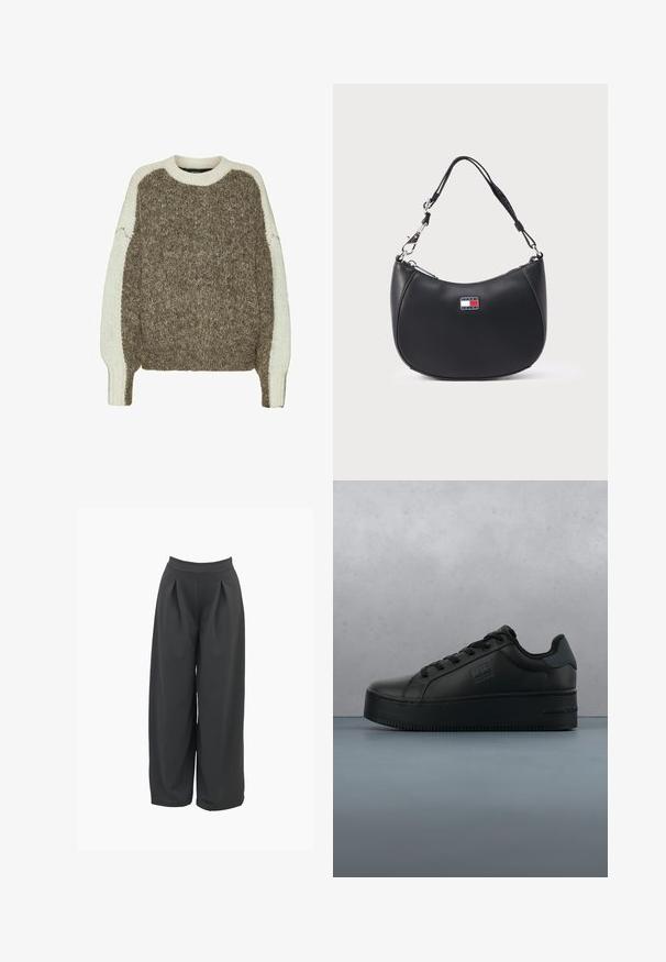 Pull en tricot épais avec un corps marron et des manches crème, présentant des poignets côtelés et un col arrondi. Doux au toucher avec des couleurs contrastantes.; Pantalons évasés en gris foncé, avec une taille haute, des plis avant et une texture de tissu lisse. Conception ajustée avec une coupe décontractée.; Baskets noires en cuir lisse avec bout rond, design à lacets, semelle plate et accents texturés. Le fond présente des carreaux marron et des galets.; Sac épaule en cuir noir à la forme arrondie, avec des ferrures argentées et un patch logo visible aux couleurs bleu, rouge et blanc.