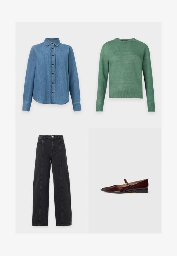 Pull vert à manches longues avec col rond, poignets et ourlet côtelés, fabriqué en tissu tricoté léger.; Chemise en denim bleu à manches longues avec col et boutons noirs, ourlet légèrement arrondi, posée à plat sur un fond blanc.; Jean noir taille haute à jambes droites avec poches avant, coutures visibles, passants de ceinture et fermeture par bouton sur un fond uni.; Ballerines en cuir verni bordeaux de type Mary Jane avec un bout pointu, un talon plat et une sangle décorative avec une boucle circulaire.