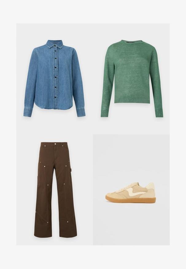 Pull vert à manches longues avec col rond, poignets et ourlet côtelés, fabriqué en tissu tricoté léger.; Chemise en denim bleu à manches longues avec col et boutons noirs, ourlet légèrement arrondi, posée à plat sur un fond blanc.; Pantalon droit marron avec poches avant et latérales, rivets argentés, passants de ceinture et fermeture par bouton sur fond blanc.; Sneaker beige avec des matériaux en daim et en maille, forme arrondie, col rembourré proéminent et semelle en caoutchouc gomme. Présente un accent de design en forme de vague.