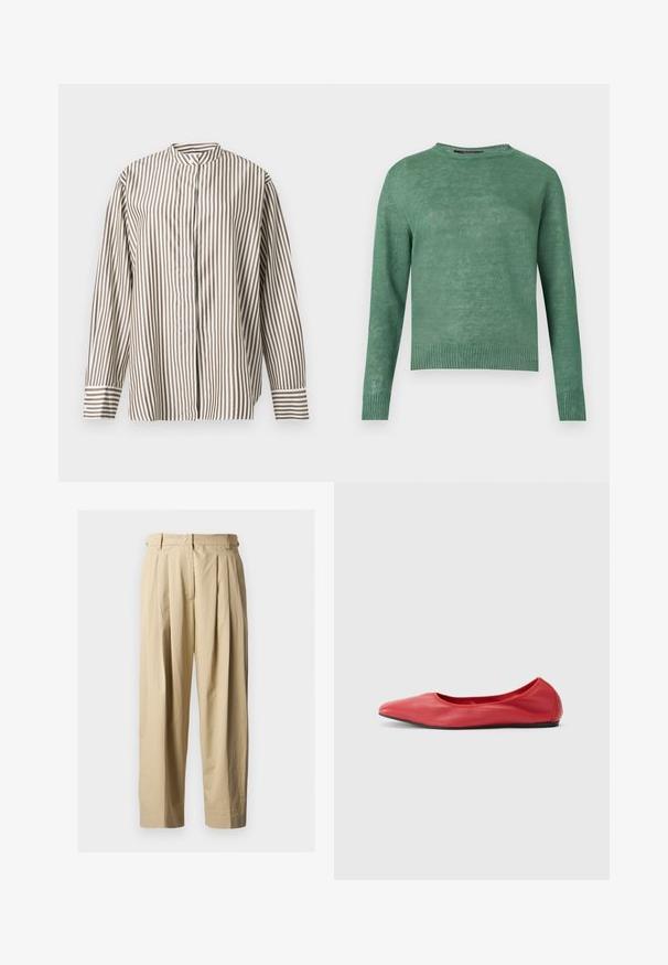 Pull vert à manches longues avec col rond, poignets et ourlet côtelés, fabriqué en tissu tricoté léger.; Chemise à manches longues avec des rayures verticales marron et blanches, boutonnée sur le devant, col montant sur un fond uni clair.; Pantalon beige à taille haute plissé avec passants pour ceinture, fermeture éclair à l'avant et jambes larges et droites sur un fond uni.; Filippa K REY FLATS - Ballerines - bright red