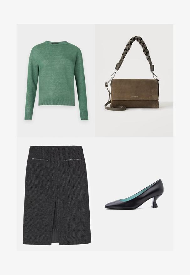 Pull vert à manches longues avec col rond, poignets et ourlet côtelés, fabriqué en tissu tricoté léger.; Jupe crayon noire avec un tissage texturé, dotée de deux fausses poches et d'une fente arrière pour plus de mobilité. Doublure intérieure lisse.; Escarpin en cuir noir à bout pointu avec un petit talon bloc de forme unique et une doublure intérieure bleu clair, présenté sur un fond blanc uni.; Sac à main rectangulaire en daim marron avec poignée en cuir tressé, fermoirs argentés et petit nom de marque embossé sur le rabat avant.