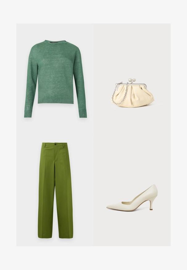 Suéter verde de manga larga con cuello redondo, puños y dobladillo acanalados, hecho de tela de punto ligera.; Pantalones de pierna ancha verdes hechos de un tejido suave. Presentan un cierre frontal con un solo botón y un diseño frontal plano.; Zapato de tacón alto de cuero color crema con punta puntiaguda y tacón delgado de altura media sobre un fondo claro y liso.; Clutch de cuero beige plisado con un marco de metal plateado, que cuenta con dos broches decorativos redondos y una correa de cadena plateada.