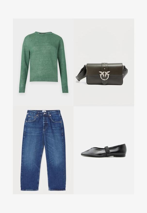 Groene trui met lange mouwen en ronde hals, met geribbelde boorden en zoom, gemaakt van lichtgewicht gebreide stof.; Citizens of Humanity DAHLIA IN CLAREMONT - Relaxed fit jeans - dark-blue denim; Zwarte leren platte schoen met een geplooide band over de bovenkant en een licht puntige neus, afgebeeld tegen een effen achtergrond.; Leren handtas in donker groen en zwart, met een voorvaksluiting met twee vogels, zilveren beslag en een afneembare riem met gaatjes.