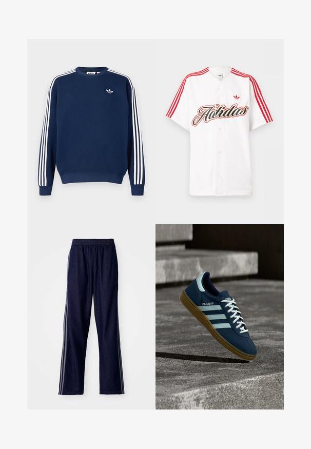 Marineblauwe sweatshirt gemaakt van katoen, met witte drie-strepen accenten op de mouwen en een klein wit logo op de borst.; Wit overhemd met korte mouwen en knopen, met rode Adidas-strepen op de schouders, grote gestileerde tekst "Adidas" en rood trefoil-logo op de borst.; Marineblauwe sportbroek met een elastische tailleband, voorzien van drie witte zijstrepen en een recht-aansluitend ontwerp. Zachte denim structuur.; Blauwe Adidas Spezial sneaker met witte strepen en veters, gumzool, zwevend boven een ruwe betonnen oppervlakte en trappen op de achtergrond.