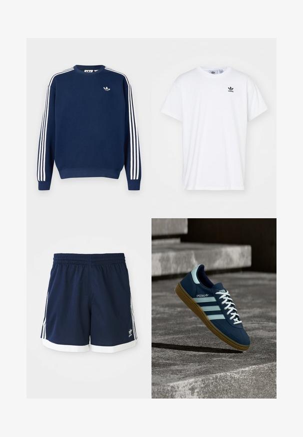 Sudadera azul marino de algodón, con detalles de tres rayas blancas en las mangas y un pequeño logo blanco en el pecho.; Camiseta blanca de algodón con mangas cortas, escote redondo y un logo negro de Adidas con tres franjas en la zona del lado izquierdo del pecho.; Pantalones cortos deportivos de Adidas azul marino con ribete blanco y tres rayas blancas a cada lado, cinturilla elástica.; Zapatilla azul Adidas Spezial con rayas y cordones blancos, suela de goma, flotando sobre una superficie de hormigón rugosa y escaleras de fondo.