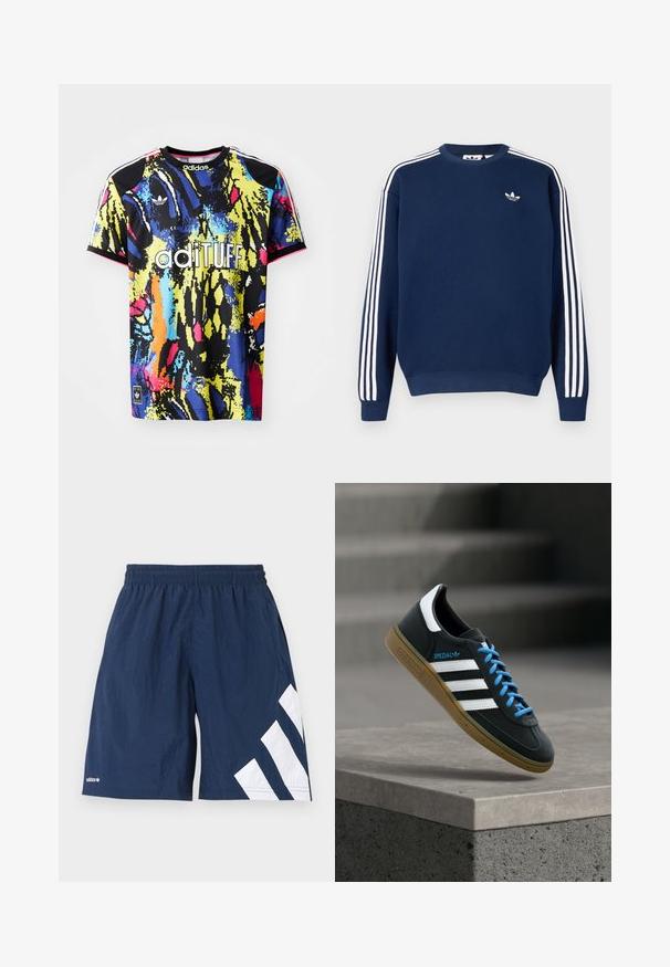 Marineblå sweatshirt lavet af bomuld, med hvide tre-stribe detaljer på ærmerne og et lille hvidt logo på brystet.; Mønstret adidas sportsjersey i flere farver med et livligt abstrakt mønster, korte ærmer, rund halsudskæring og "adituff" logo på fronten.; Mørkeblå sportsshorts med elastisk taljebånd og store hvide diagonale striber på højre ben, lille logo på venstre bens kant.; Sort Adidas sneaker med hvide striber, blå snørebånd og gummisål, der svæver over gråt betontrin i blødt lys.