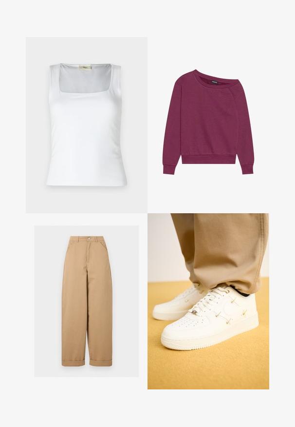 Sweatshirt magenta à épaules dénudées avec des manches longues, des poignets et un ourlet côtelés. Fabriqué en tissu doux, il présente une coupe décontractée et une texture lisse.; Débardeur blanc à encolure carrée fabriqué en tissu lisse. Présente des bretelles larges et une silhouette ajustée. Aucune motif ou ornement visible.; Pantalon beige taille haute à jambes larges avec poches avant, passants de ceinture, fermeture par boutons et ourlets retroussés.; Baskets en cuir blanc avec un bout perforé, accents dorés et lacets plats, associées à un pantalon beige sur une surface jaune texturée.