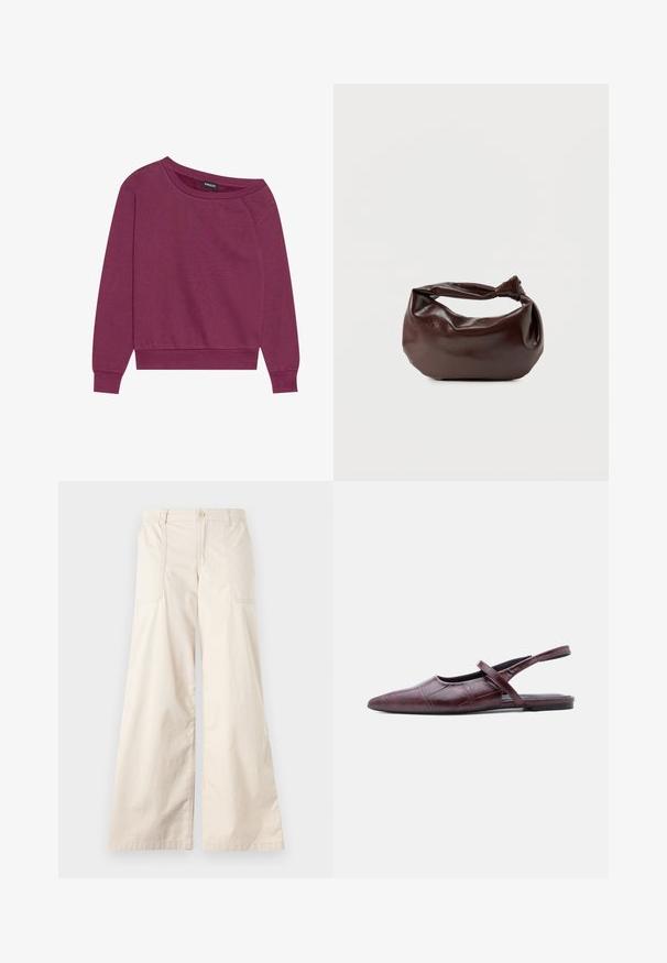 Magenta off-shoulder sweatshirt med lange ærmer, ribbede manchetter og kant. Fremstillet af blødt stof, med en afslappet pasform og glat tekstur.; Beige vidde benbukser med knaplukning, elastisk talje og to sidelommer. Glat bomuldsstof med en blød tekstur.; Bourgognefarvet læder flad slingback-sko med spids tå og tynd rem over vristen mod ensfarvet baggrund.; Mørkebrun læder skuldertaske med en blød, afslappet form og et snoet knudehåndtag på en ensartet hvid baggrund.