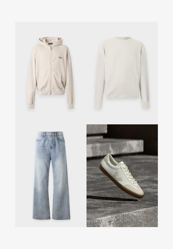 Pull en maille côtelée de couleur crème à manches longues, col rond et coupe décontractée, présenté sur un fond blanc uni.; Haut à capuche zippé beige en tissu côtelé, doté d'une poche avant, d'une texture douce et d'un petit logo noir sur la poitrine gauche.; Jean bleu clair taille haute à jambes larges avec poches avant, fermeture à boutons et délavage sur les cuisses et les genoux.; Baskets en cuir blanc avec semelle en caoutchouc beige, lacets plats et accent en forme de V sur le côté. Présentent une surface lisse et peu de détails de couture.