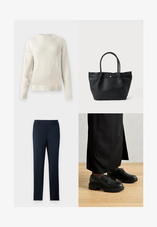 Cremefarvet strikket sweater med struktureret diamantmønster, rund halsudskæring, ribbede manchetter og kant. Blødt materiale og afslappet pasform.; Mørkeblå bukser lavet af et blødt, strækbart stof. Har en flad front, bæltestropper og et slankt, tapered ben design.; Sorte lædersko med rund tå, tyk gummisål og snørebånd. Designet har dekorativ syning langs overdelen.; Sort tekstureret lædertaske med to afrundede håndtag og en lille guldklemme foran mod en ensfarvet baggrund.