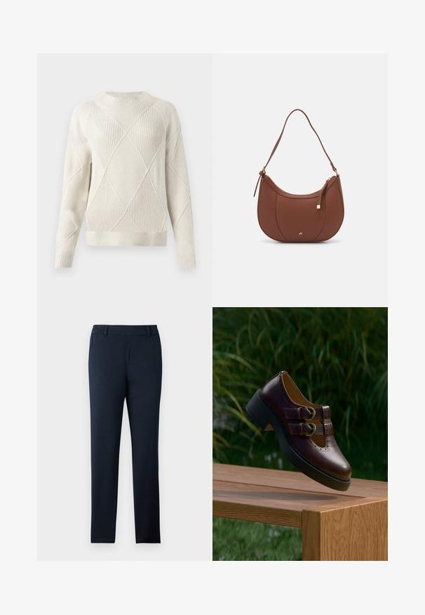 Cremefarvet strikket sweater med struktureret diamantmønster, rund halsudskæring, ribbede manchetter og kant. Blødt materiale og afslappet pasform.; Mørkeblå bukser lavet af et blødt, strækbart stof. Har en flad front, bæltestropper og et slankt, tapered ben design.; Mørkebrune lædersko med dobbelt rem, perforerede detaljer og tyk sort sål, hængende over et træbord udendørs.; Brun faux læder skuldertaske med buet form, minimal syning og en guldtonet hardwaredetalje. Har en top lynlåslukning og justerbar rem.