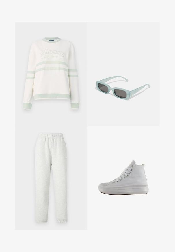 Hvid ribbet sweatshirt med lysegrønne detaljer. Har en rund halsudskæring, lange ærmer og et centreret logo med vandrette striber.; Lys grå sweatpants med elastisk talje, tapered ben og ribbede manchetter. Fremstillet af et blødt, tekstureret stof. Hvid logo detalje på siden.; Hvid højt canvas sneaksko med hvide snørebånd, metaløjer, tyk gummisål og tekstureret tåhætte, vendt mod venstre på en hvid baggrund.; Et par rektangulære solbriller med lyseblå gennemsigtige stel og mørkegrå linser, der har lige templer og minimale hardware detaljer.