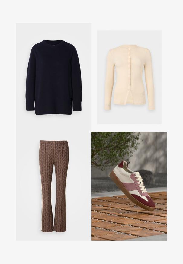 Mørk marineblå crewneck langærmet sweater med en blød, strikket tekstur og ribbede manchetter og kant mod en lys grå baggrund.; Beige langærmet tætsiddende top med rund halsudskæring, knaplukning foran og en lille slids i bunden midt.; Brune mønstrede flared bukser med et struktureret design og sidelange striber. Elastisk talje for komfort.; Hvid lædersneaker med bordeaux og lyserøde ruskindsdetaljer, med en tekstureret sål og klassisk snøredesign, hævet over en træoverflade.