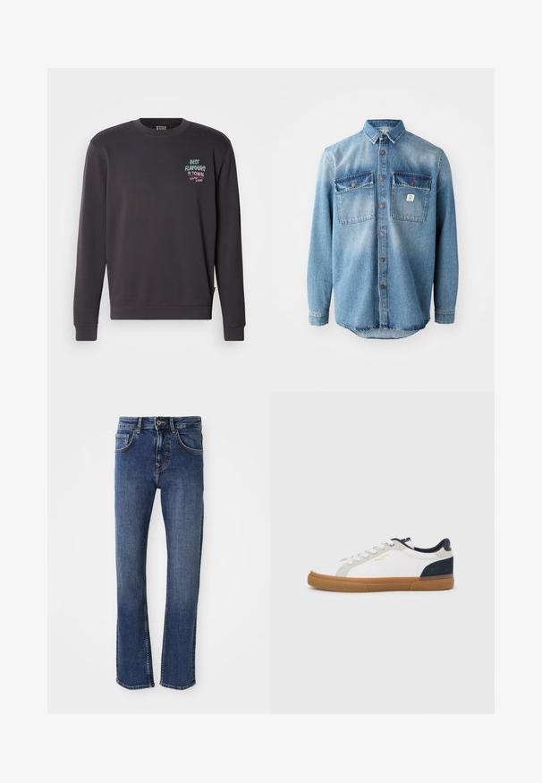 Dunkelgrauer Sweatshirt mit Rundhalsausschnitt, gerippten Bündchen und Saum. Der Frontdruck lautet "BESTE AROMEN IN DER STADT" in mehreren Farben.; Hellblaues Jeanshemd mit langen Ärmeln, zwei Brusttaschen, durchgehender Knopfleiste und kontrastierenden, dunkleren Taschenoberteilen. verfügt über einen abgerundeten Saum.; Helle blaue Denim-Jeans im Straight-Leg-Design, im Fünf-Taschen-Stil, mit Metallknopfverschluss. Mit dezenter Naht und glatter Textur.; Weiße Leinensneaker mit marineblauen und grauen Wildlederakzenten. Verfügt über eine Sohle aus Gummireifen, eine abgerundete Spitze und ein klassisches Schnürdesign.