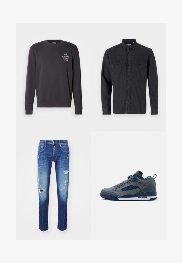 Dunkelgrauer Sweatshirt mit Rundhalsausschnitt, gerippten Bündchen und Saum. Der Frontdruck lautet "BESTE AROMEN IN DER STADT" in mehreren Farben.; Langärmliges, dunkelgraues Hemd mit Knöpfen aus Baumwollmischung, das über zwei Brusttaschen und ein klassisches Kragendesign verfügt.; Dunkelblaue Jeans aus Denim mit Rissen, Fünf-Taschen-Design und dezentem Ausbleichen. Gerade Passform mit sauberen Nähten.; Mittelgrauer und marineblauer Sportschuh mit Mesh-Seitenpanel, Schnürung vorne, gepolstertem Kragen und sichtbarer Luftdämpfung in der Sohle.