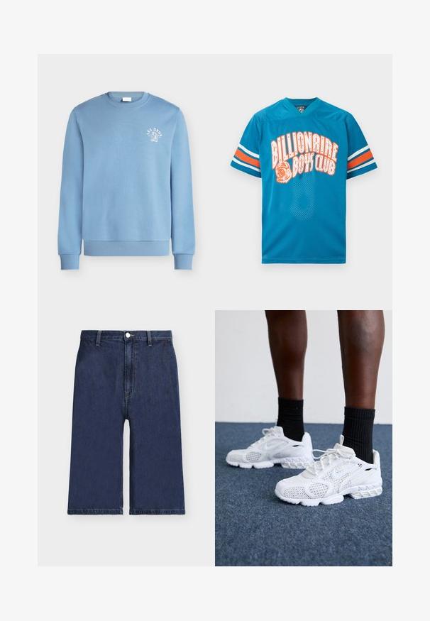 Hellblaues Sweatshirt mit Rundhalsausschnitt, gerippten Bündchen und Saum, mit kleinem weißen "LES DEUX" Schriftzug und Design auf der linken Brust.; Helles blaues Mesh-Sporttrikot mit orange-weißen Ärmelstreifen, Schriftzug "Billionaire Boys Club" und Astronautenhelm-Grafik auf der Vorderseite.; Dunkelblaue Denim-Knielange Shorts mit Gürtelschlaufen, vorderem Knopf und Reißverschluss, dargestellt auf einem einfarbigen hellgrauen Hintergrund.; Weiße Sportschuhe mit Mesh-Obermaterial, strukturierten Akzenten und gepolsterter Sohle. Kombieirt mit schwarzen gerippten Knöchelsocken auf einer blauen Teppichoberfläche.