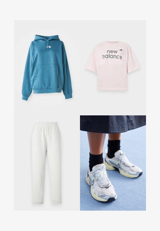 Hoodie in teal, met een kangoeroezak, rib gebreide mouwen en een klein wit logo op de borst. Zacht, textielachtige stof.; Lichtroze T-shirt met korte mouwen met de tekst "new balance" en een klein zwart "NB" logo gecentreerd op de borst.; Lichtgrijze sweatpants met een elastische tailleband, taps toelopende pijpen en ribgebreide manchetten. Gemaakt van een zachte, gestructureerde stof. Witte logodetail aan de zijkant.; Witte en zilveren Nike sneakers van meshstof, met reflecterende accenten en een beige zool. Gedragen met zwarte sokken, staand op een blauwe ondergrond.