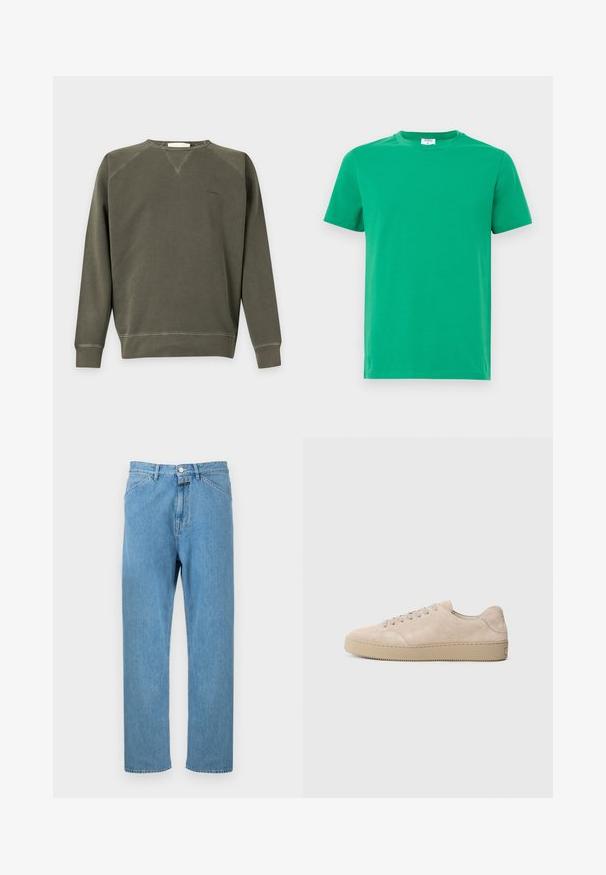 Sweat-shirt vert olive à manches longues avec col rond, poignets et bas en bord-côte, coutures minimales et petit logo brodé sur la poitrine.; T-shirt en coton vert à manches courtes, col rond et texture lisse. Design simple sans motifs ni embellissements.; Jean en denim bleu clair avec une coupe droite, un style cinq poches et une fermeture par bouton à la taille. Aucun motif ni ornement visible.; Baskets en daim beige avec un bout rond, des lacets plats et une semelle en caoutchouc texturé. Design minimaliste avec des bords lisses et des coutures discrètes.