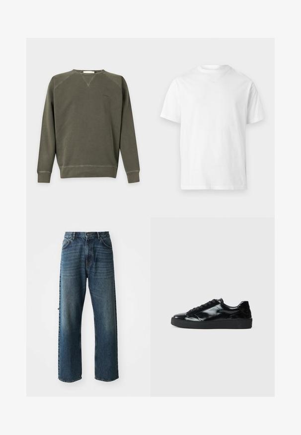 Sweat-shirt vert olive à manches longues avec col rond, poignets et bas en bord-côte, coutures minimales et petit logo brodé sur la poitrine.; T-shirt blanc uni à manches courtes avec un col rond, au design simple et épuré, sans logos ni motifs visibles.; NN.07 OTIS - Jean droit - stonewashed; Baskets en cuir verni noir avec un bout arrondi, un laçage, une semelle en caoutchouc texturé et une finition lisse.