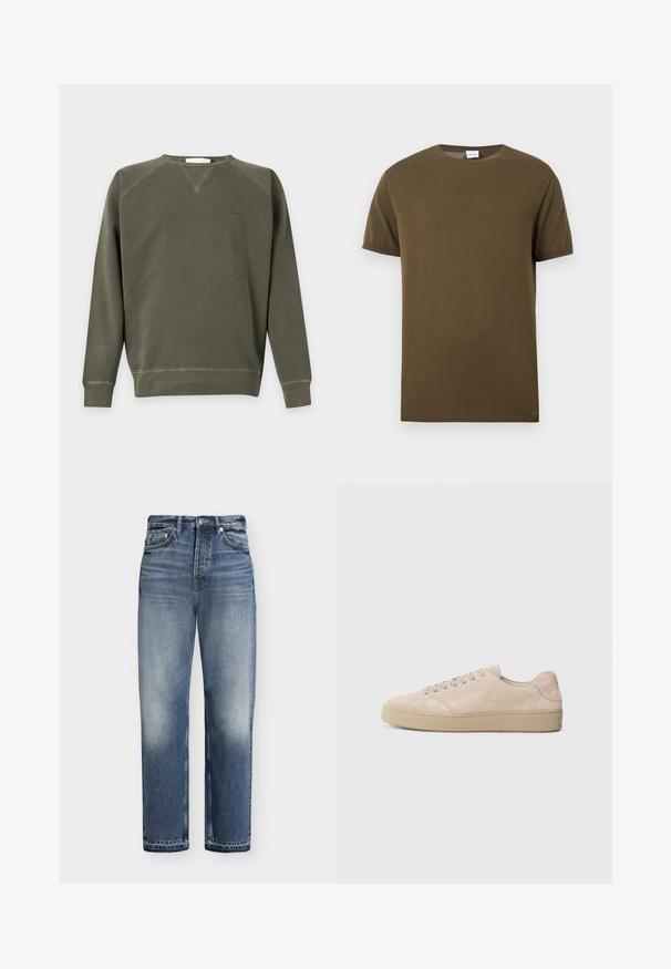Sweat-shirt vert olive à manches longues avec col rond, poignets et bas en bord-côte, coutures minimales et petit logo brodé sur la poitrine.; T-shirt à manches courtes et col rond de couleur vert olive avec une texture lisse et unie, présenté sur un fond blanc.; Jean bleu taille haute à jambes droites avec des détails délavés, poches avant, fermeture par bouton et passants de ceinture sur fond blanc.; Baskets en daim beige avec un bout rond, des lacets plats et une semelle en caoutchouc texturé. Design minimaliste avec des bords lisses et des coutures discrètes.