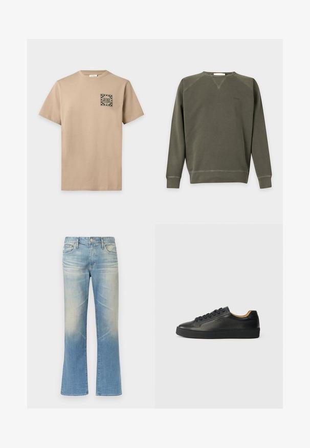 Sweat-shirt vert olive à manches longues avec col rond, poignets et bas en bord-côte, coutures minimales et petit logo brodé sur la poitrine.; T-shirt beige à manches courtes et col rond avec un petit logo carré à damier et un texte sur la poitrine gauche indiquant "LES DEUX goods".; Jean évasé en denim bleu clair avec une finition délavée, design à cinq poches, fermeture par bouton en métal et ourlets droits.; Baskets basses en cuir noir avec surface texturée, lacets noirs et semelle en caoutchouc épaisse, présentées de côté sur un fond clair.
