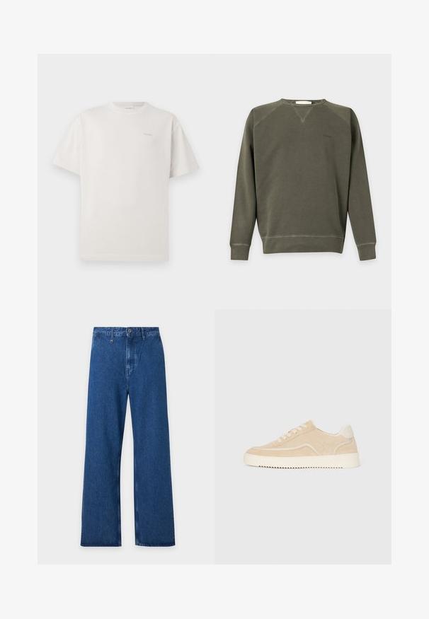 Langärmeliges olivgrünes Sweatshirt mit Rundhalsausschnitt, gerippten Bündchen und Saum, minimalen Nähten und kleinem gesticktem Logo auf der Brust.; CLOSED LOGO - T-Shirt basic - blush pink; Blaue Jeans mit weitem Bein, Gürtelschlaufen, Knopfverschluss und hoher Taille, flach auf hellem Hintergrund gezeigt.; Beige Wildlederschuh mit weißer Sohle und Schnürsenkeln, niedrig geschnittenes Design und Zickzackprofil auf der Sohle.