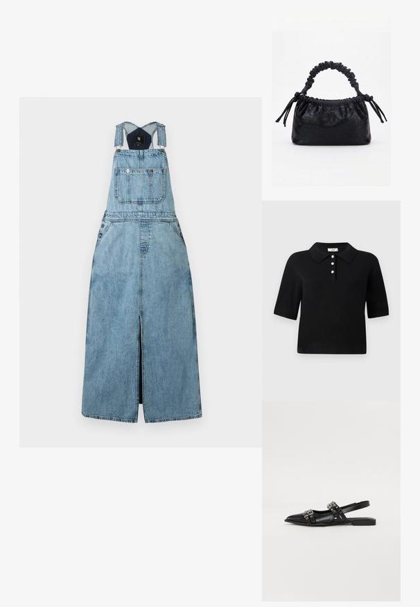 Sort polo-sweater med korte ærmer, tre-knaps placket med perleaccentuerede knapper og klassisk krave. Glat strikket stof.; Lyseblå denim ærmeløs kjole med frontlomme, justerbare stropper og frontslids ned midt på.; Even&Odd by Zalando Slingback-ballerinasko - black; Sort taske med krokodilletekstur, rynket øverste kant, samlet hank og snore med kvaster på hver side mod en hvid baggrund.