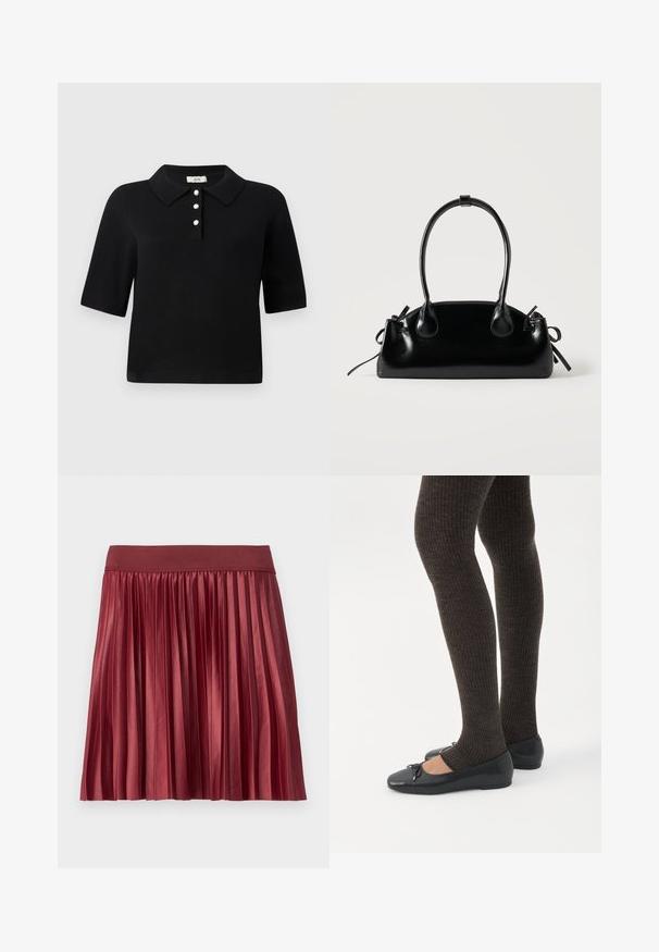 Sort polo-sweater med korte ærmer, tre-knaps placket med perleaccentuerede knapper og klassisk krave. Glat strikket stof.; Plisseret nederdel lavet af skinnende, burgunder stof med en bred, elastisk talje. Længden er over knæet, med lodrette plisseringer over det hele.; Ben iført mørke ribbede leggings kombineret med sorte balletsko med små sløjfedetaljer på hvid baggrund.; Lille sort blank håndtaske med to lange håndtag og snøre-detaljer i siden på en ensfarvet lys baggrund.