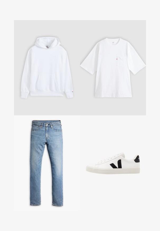 Witte pullover hoodie met voorzak (kangaroo pocket) en geribbelde boorden, weergegeven tegen een neutrale lichtgrijze achtergrond.; Wit katoenen T-shirt met korte mouwen, ronde hals en een borstzak aan de linkerkant. Heeft een klein rood logotagje op de zak.; Lichtblauwe denim jeans met een rechte pijp, vijf zakken, contrasterende stiksels en een knoop- en ritsluiting bij de taille.; Witte leren sneaker met zwarte suède accenten; voorzien van een rubberen zool, ronde neus en een klassieke vetersluiting. Zijkant met logo in het zwart.