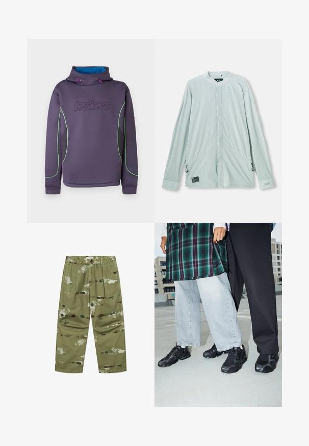 Purple fleece hoodie with a high collar, green piping, and a blue inner lining; features a stitched logo and elastic drawstrings.; Striped long-sleeve shirt in green and white. Features a mandarin collar, side ties, and a brand tag on the lower front. Lightweight fabric.; Green canvas trousers featuring a paint splatter pattern in white, brown, and dark green, with an elastic waistband and side pockets.; Black athletic shoes with mesh and rubber accents. Worn with light grey wide-leg jeans and a plaid green top. Flat surface background.