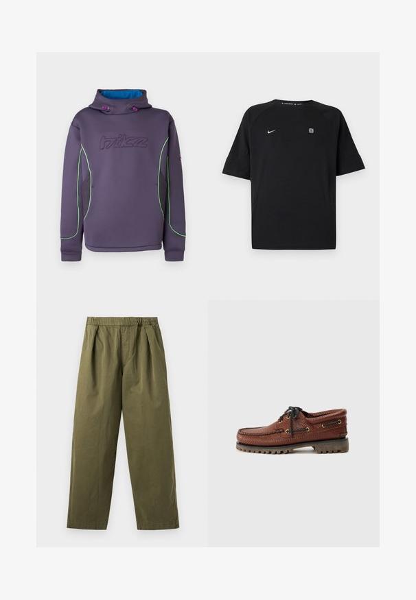 Lilla fleece-hættetrøje med høj krave, grøn kantning og blå indvendig foring; har et broderet logo og elastiske snore til justering.; Sort Nike sportstrøje med korte ærmer med hvid swoosh-logo på venstre bryst og lille firkantet emblem på højre bryst, ensfarvet baggrund.; Olivengrønne bukser med vidde ben, elastisk talje og forreste læg, vist mod en lys baggrund.; Brune læder bådsko med struktureret overdel, sorte snørebånd og gyldne øjer. Har en holdbar, rillede gummisål.