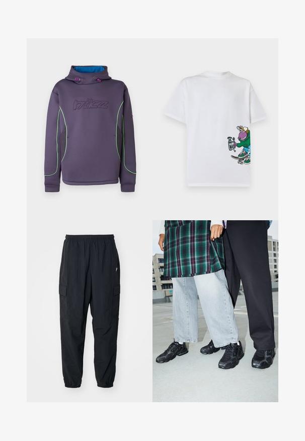 Sweat à capuche en polaire violet avec un col montant, des passepoils verts et une doublure intérieure bleue ; présente un logo cousu et des cordons élastiques.; T-shirt blanc avec un personnage de dessin animé coloré sur un skateboard tenant une caméra vidéo vintage en bas à droite.; Pantalons cargo noirs en matériau léger, avec une taille élastique, des poches latérales et une coupe décontractée avec des poignets élastiques.; Baskets de sport noires avec des accents en mesh et en caoutchouc. Portées avec un jean large gris clair et un haut à carreaux vert. Fond à surface plane.