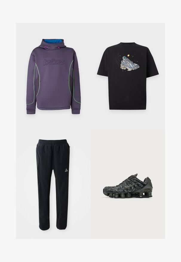 Paarse fleece hoodie met een hoge kraag, groene bies en een blauwe binnenvoering; voorzien van een geborduurd logo en elastische trekkoorden.; Zwart t-shirt met een afbeelding van een grijze sneaker in de ruimte, met een klein astronautfiguurtje en hemelse elementen eromheen.; Zwarte sportbroek van een zachte, gestructureerde stof, met een elastische tailleband, zijzakken en een driehoekig logo accent op de dij.; Zwarte Nike hardloopschoen met gesegmenteerde zooldemping en een wit gevlekt patroon op de bovenstof, gezien vanaf de buitenzijde.