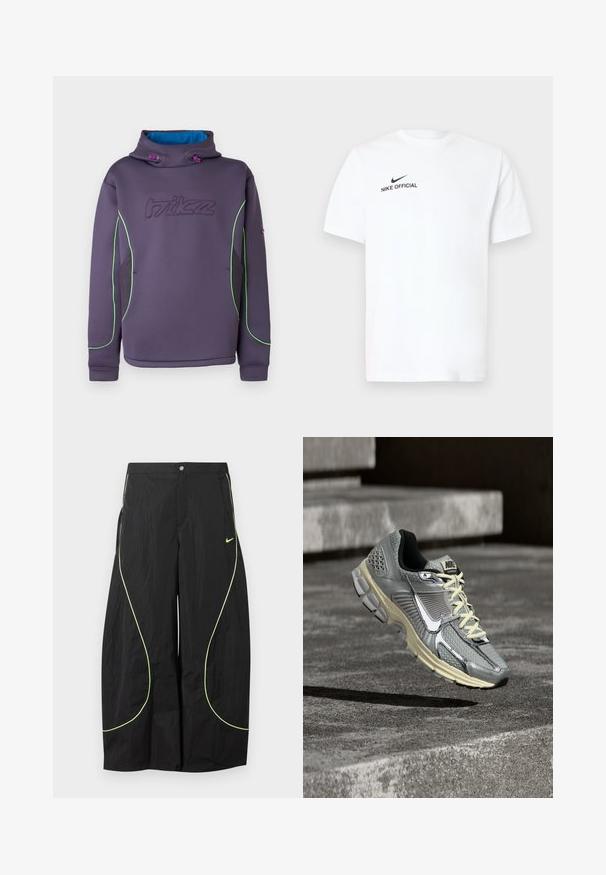 Lilla fleece-hættetrøje med høj krave, grøn kantning og blå indvendig foring; har et broderet logo og elastiske snore til justering.; Hvid bomulds T-shirt med korte ærmer. Har en sort "Nike Official"-logo og en sort swoosh på venstre brystside.; Sorte Nike bukser med brede ben, med neon-grøn buet piping og lille Nike swoosh-logo på højre lår, knap- og lynlåslukning i taljen.; Grå og beige Nike løbesko med hvide snørebånd og en stor hvid swoosh, placeret som om den svæver over en betonsurface.