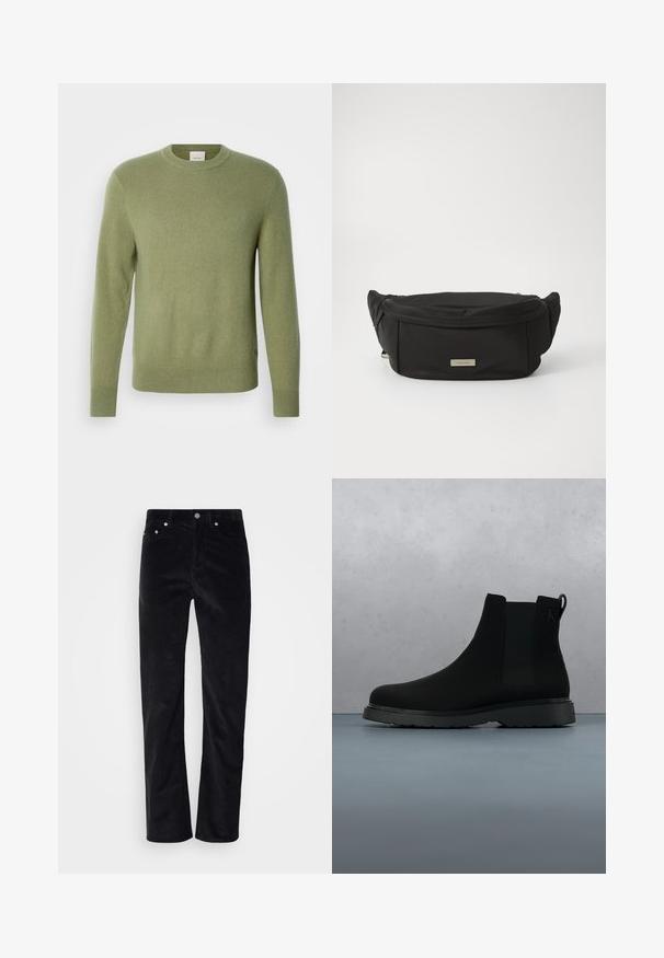 Hellgrüner Pullover mit langen Ärmeln, Rundhalsausschnitt und gerippten Bündchen und Saum. Hergestellt aus weichem, strukturiertem Stoff. Keine sichtbaren Muster oder Akzente.; Schwarze Cordhosen mit geradem Schnitt. Mit einem Knopfverschluss und Fünf-Taschen-Design. Strukturierter, gerippter Stoff.; Schwarze Knöchelstiefel aus glattem Material mit subtilen Nähten, einer Gummisohle und einem eleganten Design, platziert auf einer Oberfläche mit Holzstruktur.; Schwarze Nylon-Tasche in Taillenhöhe mit glatter Textur, geschwungener Form und einem vorderen Reißverschlussfach. Mit einem goldenen Logo-Logo.