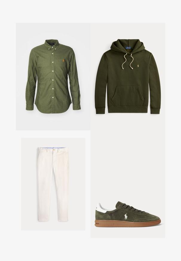 Tmavozelená mikina s kapucňou a predným vreckom, krémové šnúrky a malé zlaté vyšívané logo Polo Ralph Lauren na ľavej strane hrudníka.; Olivovo zelená košeľa na gombíky vyrobená z bavlny, s klasickým golierom, dlhými rukávmi a vyšívaným logom v oranžovej farbe na hrudi.; Pánske štíhle nohavice slonovinovej farby s prednými vreckami, pútkami na opasok a zapínaním na gombík na jednofarebnom pozadí.; Zeleno-olivová semišová teniska s hnedou gumovou podrážkou, bielym pätkovým pásikom, šnurovaním vpredu a bielym logom hráča polo Ralph Lauren na boku.